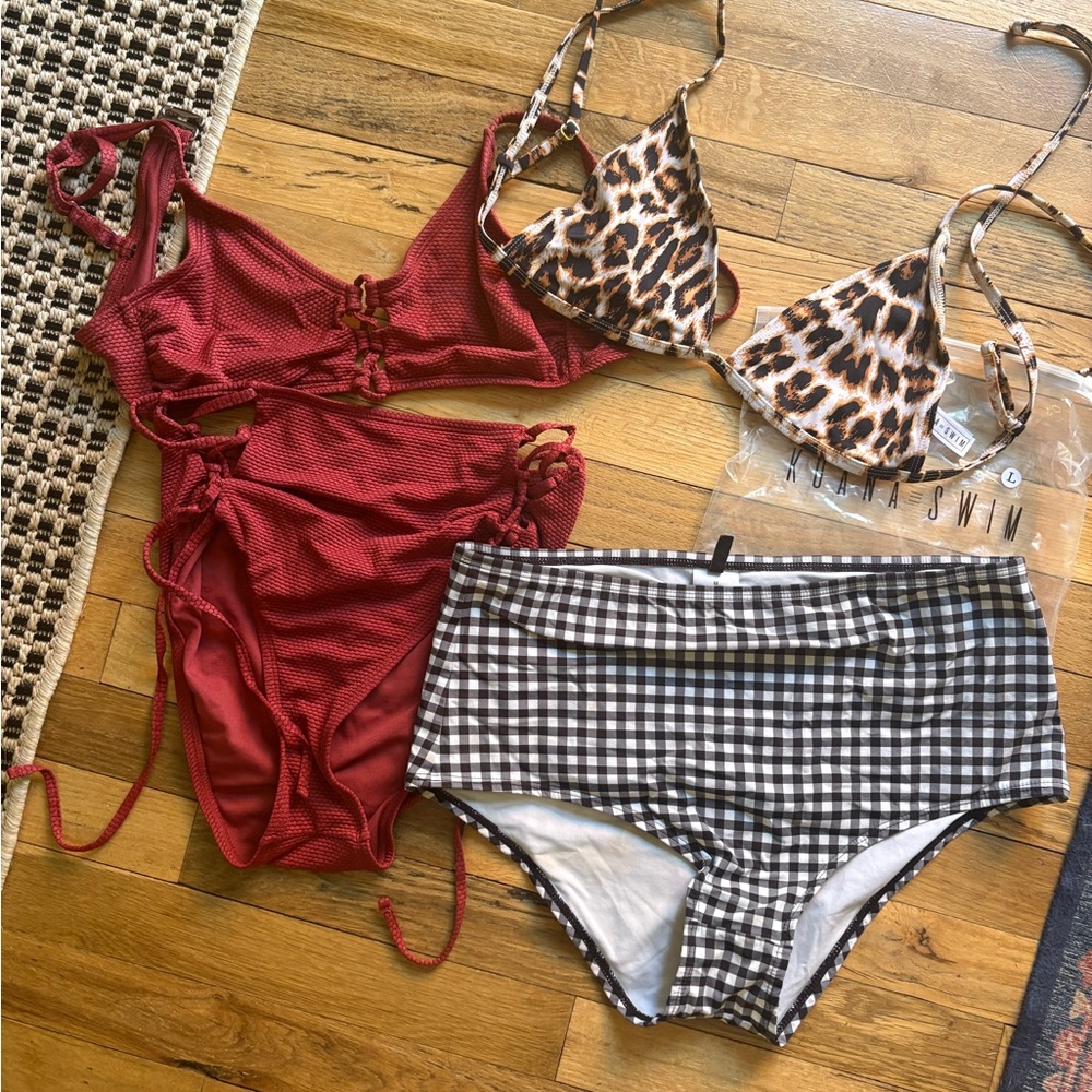 Red and Leopard Print Bikinis with Black and White Checkered Bottoms